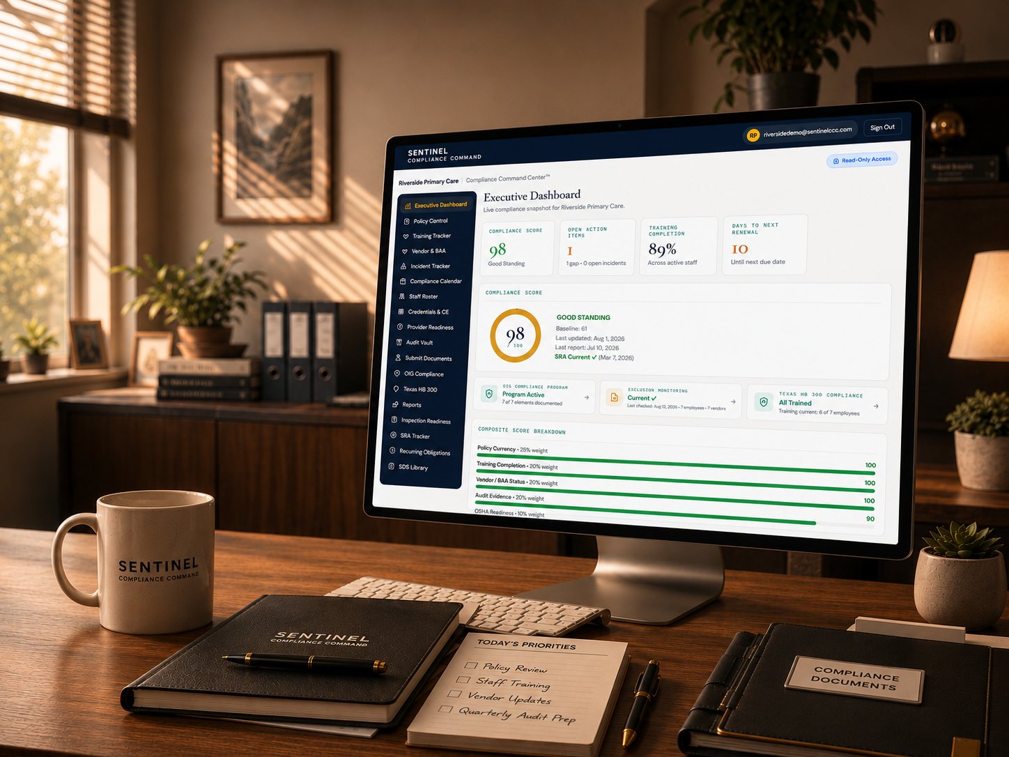 A Sentinel client&rsquo;s Command Center open on a practice desk — the Executive Dashboard showing a 98 compliance score in good standing, current exclusion screening, and the full module sidebar, beside a Sentinel mug and notebook.