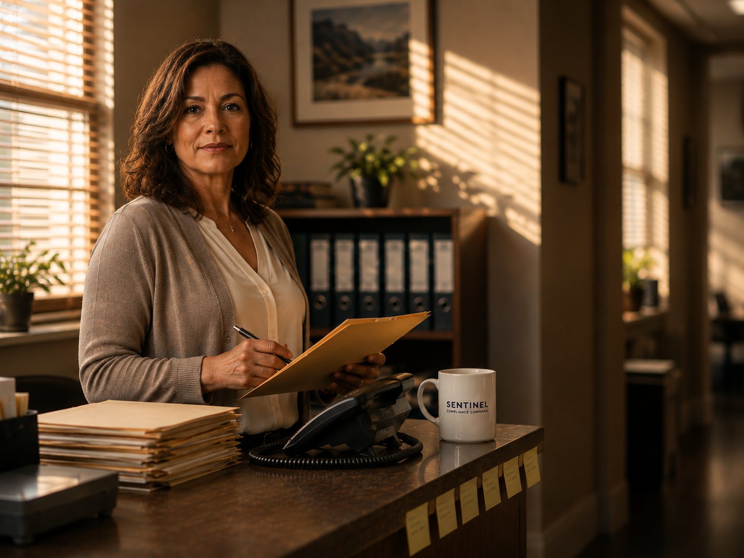 A practice office manager at the front-office counter in warm afternoon light &mdash; folder and pen in hand, calm and in control, a Sentinel mug beside the phone.