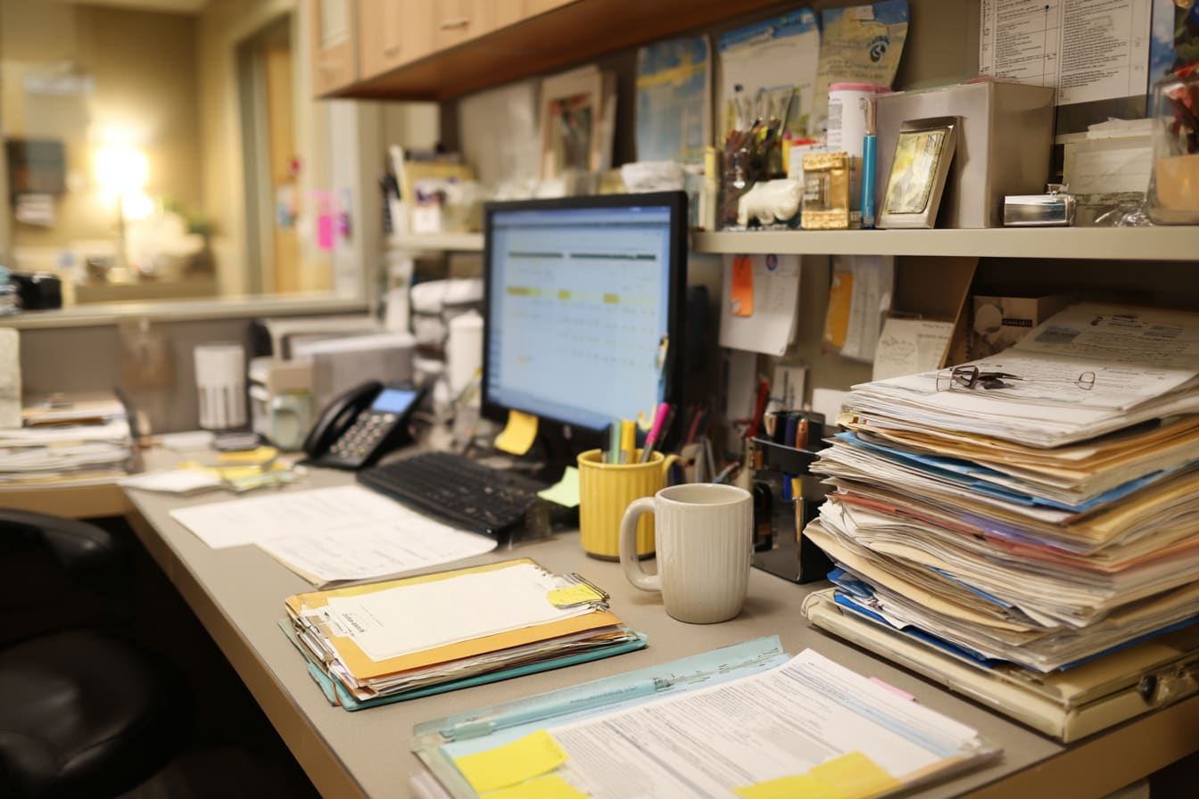 A practice front-office workstation stacked with folders, charts, sticky notes, and a full shelf of paperwork &mdash; the compliance record scattered across an overloaded desk.